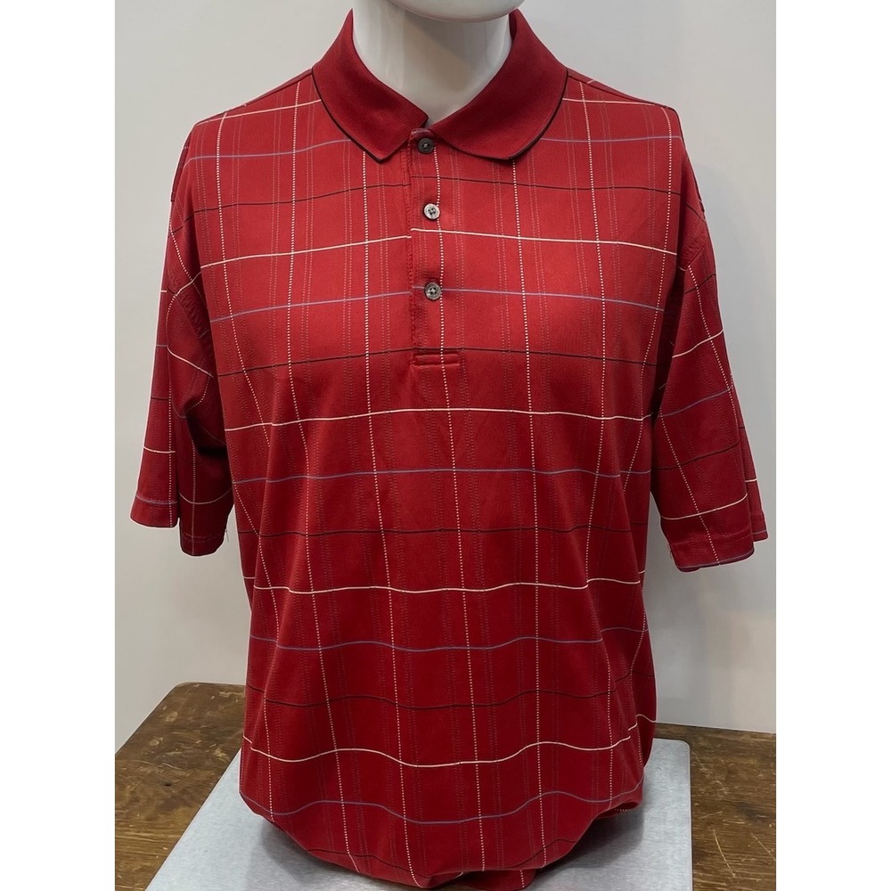 PGA Tour Golf‎ Polo Shirt Mens Large L Red Windowpane Plaid Grid Short Sleeve
